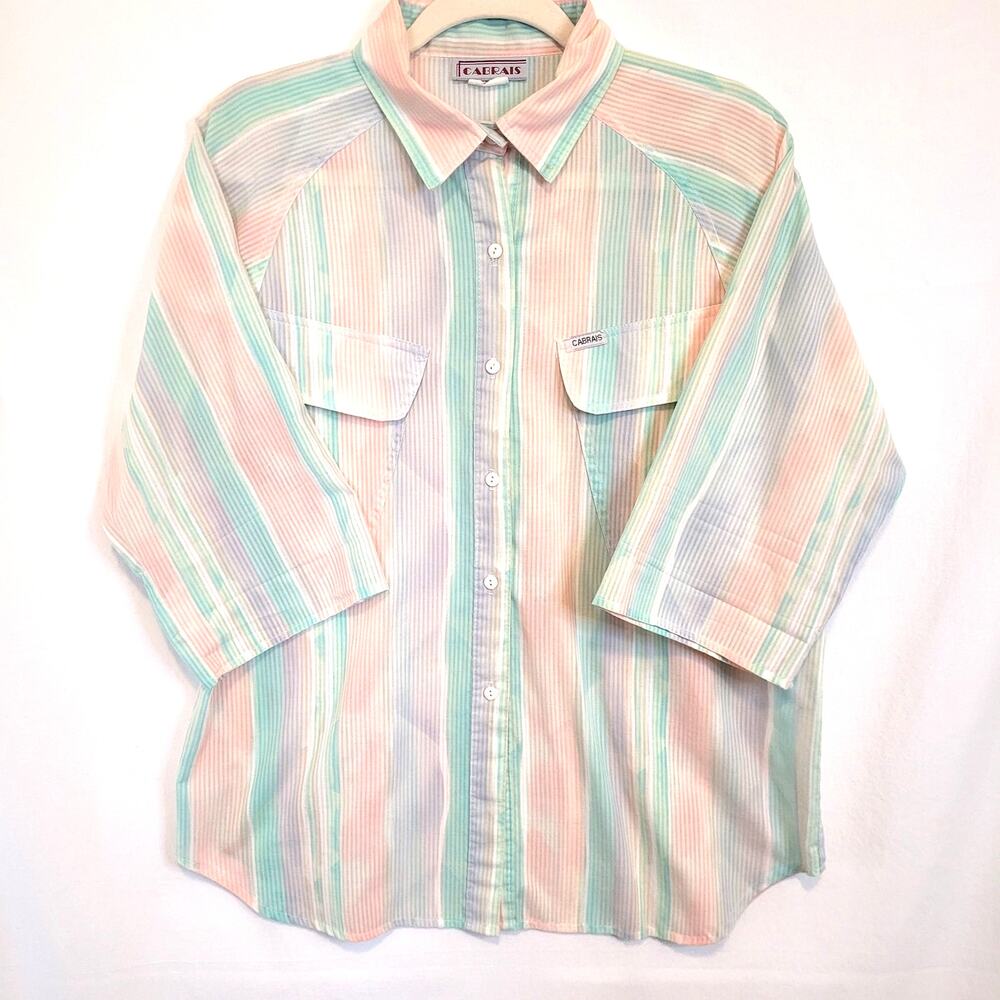 Cabrais Vintage 80s Pastel Striped Shirt Button Front Blouse Women Beach Preppy